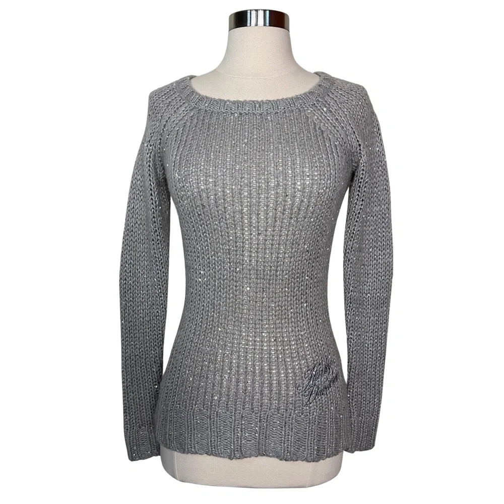 Harley Davidson Sequined Gray Open Knit Scoop Neck Embroidered Silver Sweater XS